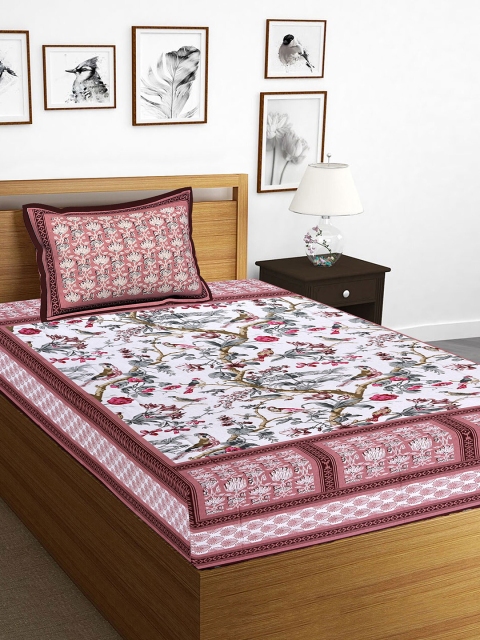 

Tistabene White Floral 144 TC Cotton 1 Single Bedsheet with 1 Pillow Covers