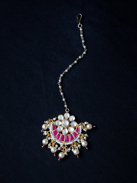 

MORKANTH JEWELLERY Gold-Plated Pink & Green Kundan-Studded Maang Tikka