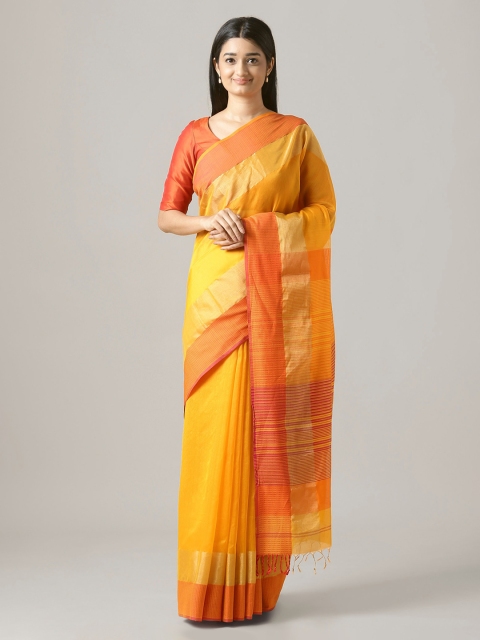 

Taneira Yellow & Orange Silk Cotton Solid Maheshwari Handloom Saree