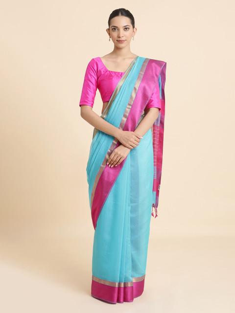 

Taneira Turquoise Blue & Pink Silk Cotton Solid Maheshwari Handloom Saree