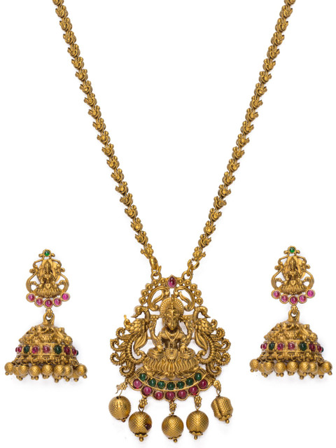 

Alankruthi Gold-Plated Pink & Green Stone-Studded Temple Jewellery Set