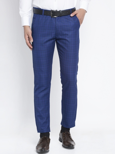 

JAINISH Men Blue Slim Fit Checked Formal Trousers