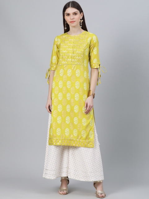 

GERUA Women Lime Green & Gold-Toned Printed Straight Kurta