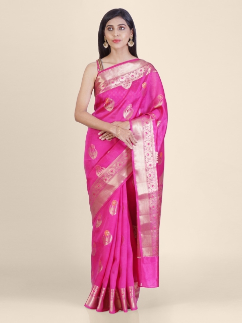 

Shruti and Mangaaysh Pink & Gold-Toned Pure Silk Woven Design Banarasi Saree