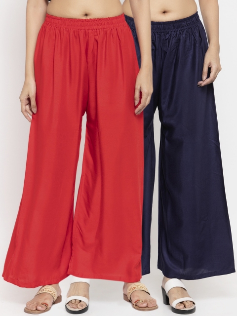 NEUDIS Women Pack Of 2 Solid Flared Palazzos, Red