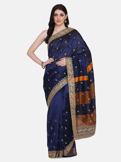 

BOMBAY SELECTIONS Navy Blue & Gold-Toned Silk Blend Embroidered Tussar Saree