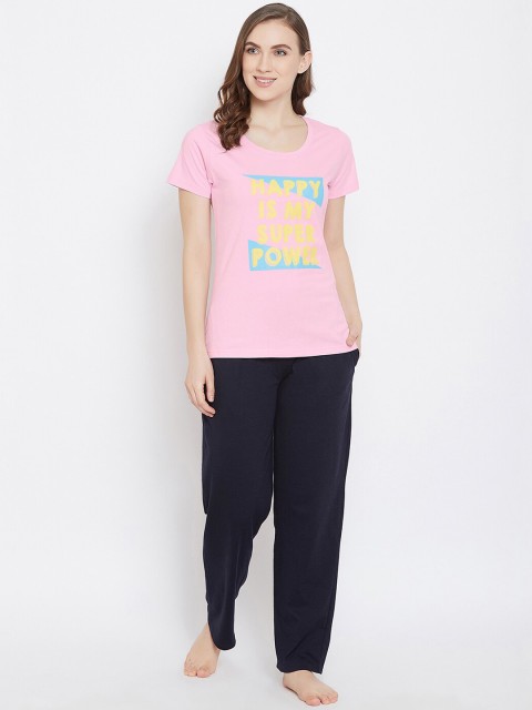 

Clovia Women Pink & Navy Blue Printed Night suit