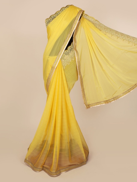 

Pothys Yellow Solid Pure Georgette Embroidered Saree