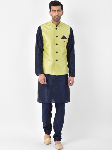 

SG LEMAN Men Navy Blue & Lime Green Woven Design Kurta with Churidar