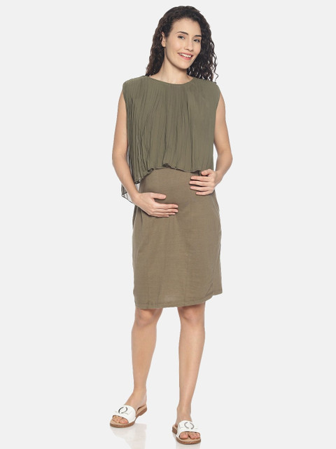 

The Mom Store Women Olive Green Solid Maternity A-Line Dress