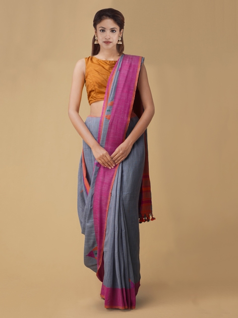 

Unnati Silks Grey Pure Linen Solid Jamdani Saree