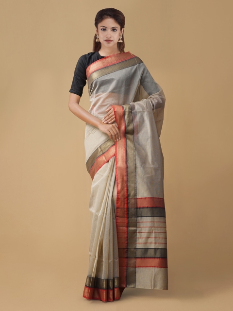 

Unnati Silks Cream-Coloured Silk Cotton Solid Chanderi Saree