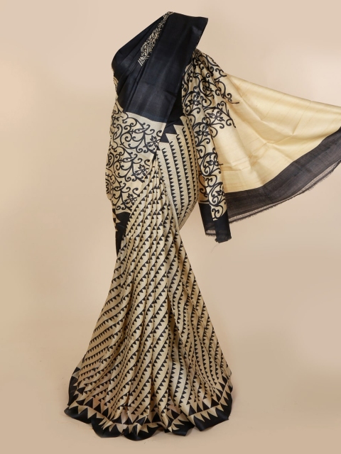 

Pothys Cream-Coloured & Black Jute Silk Printed Saree