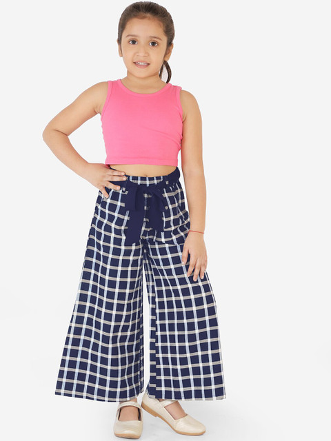 

naughty ninos Girls Pink Solid Top with Navy Blue & Grey Checked Palazzos