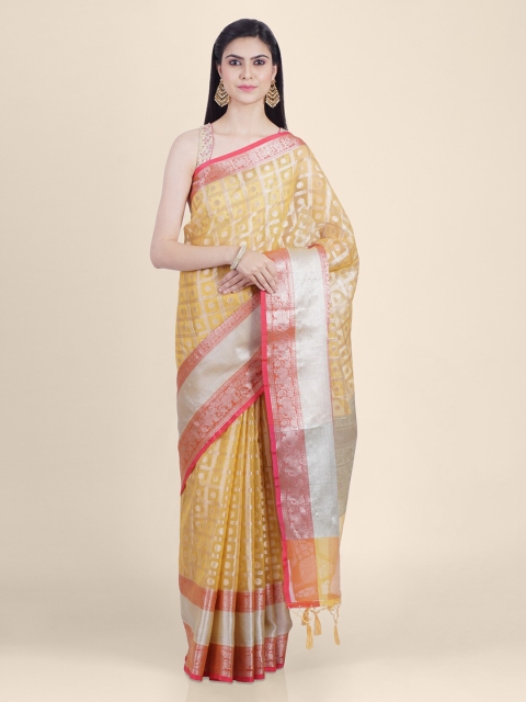 

Shruti and Mangaaysh Yellow & Gold-Toned Organza Checked Banarasi Saree