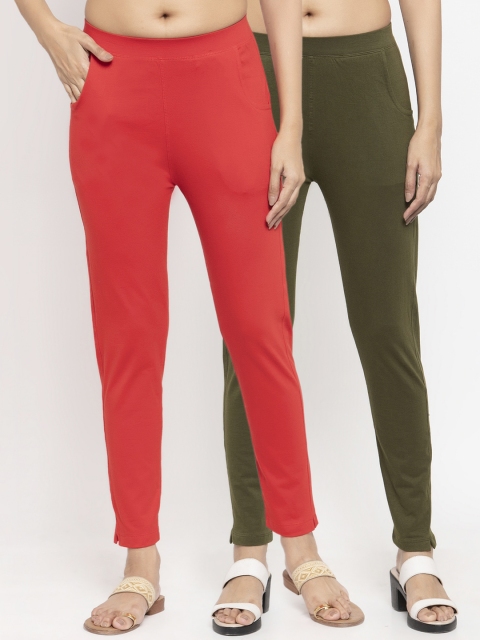 

NEUDIS Women Pack Of 2 Solid Ankle-Length Leggings, Red