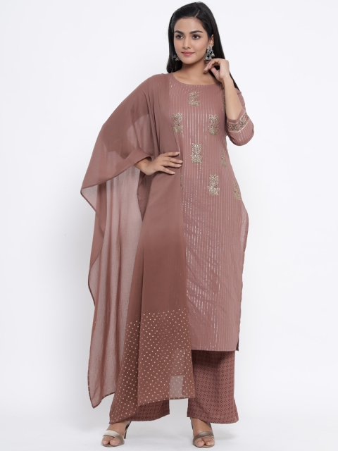 

WomenMagic Women Taupe Printed Kurta with Palazzos & Dupatta