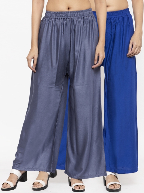 

NEUDIS Women Pack Of 2 Grey & Blue Solid Flared Palazzos