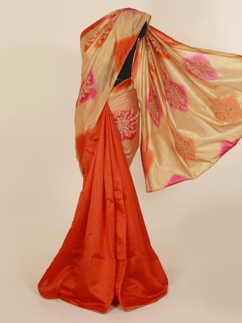 

Pothys Cream-Coloured & Orange Jute Silk Embroidered Saree