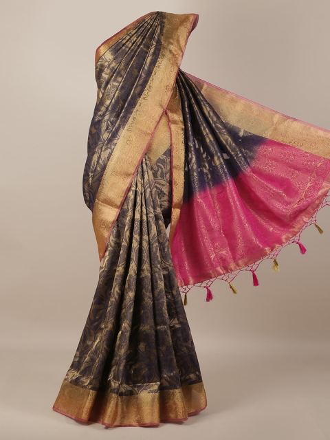 

Pothys Navy Blue & Gold-Toned Jute Silk Woven Design Saree