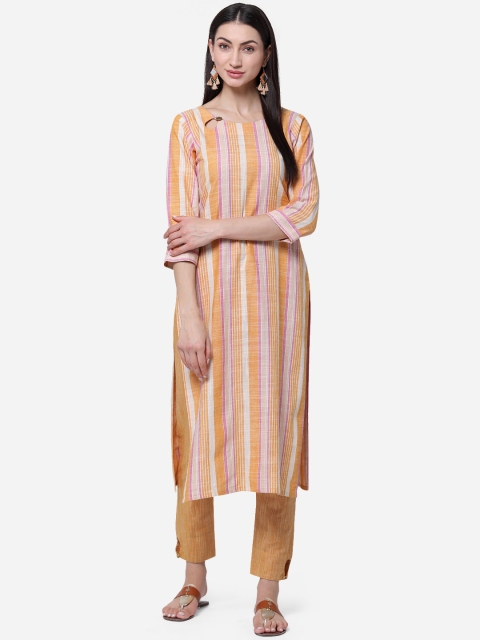 

Kvsfab Women Orange & Beige Striped Kurta with Trousers