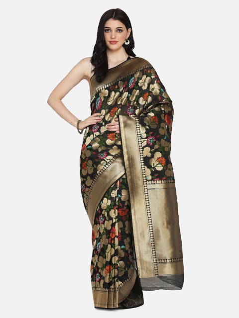 

BOMBAY SELECTIONS Black & Gold-Toned Silk Blend Woven Design Chanderi Saree