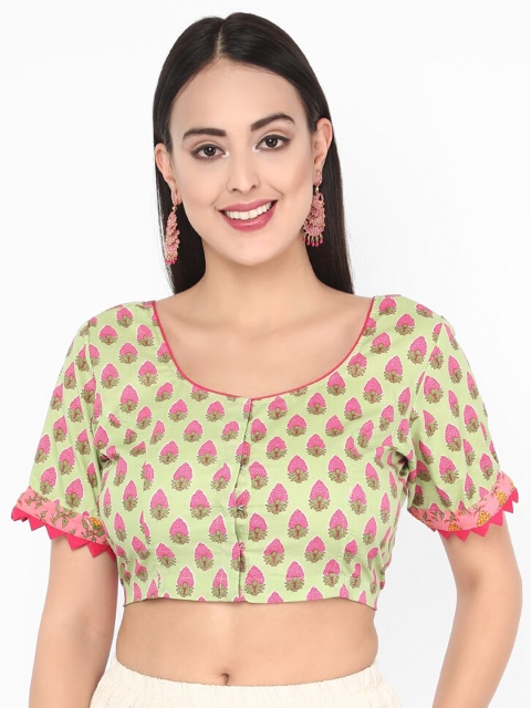 

Molcha Women Green & Pink Sanganeri Printed Saree Blouse