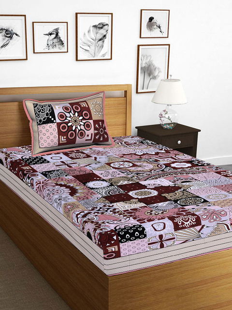 

Tistabene Multicoloured Ethnic Motifs 144 TC Cotton 1 Single Bedsheet with 1 Pillow Covers, Multi