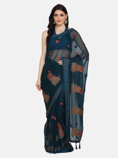 

BOMBAY SELECTIONS Teal Blue Embroidered Poly Chiffon Saree