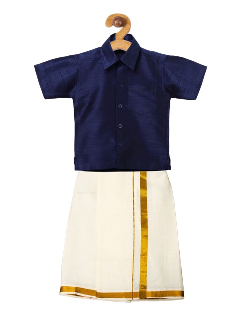 

Ridokidz Boys Navy Blue & Off-White Solid Shirt with Veshti