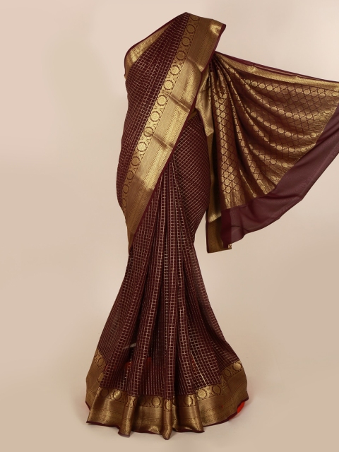 Pothys Burgundy Checked Pure Georgette Saree