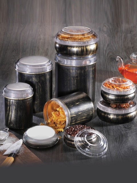 

Jensons Set of 8 Black & Silver-Toned Solid Progetto Series Stainless Steel Matte Canister & Belly Boxes with Lid