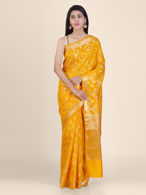 

Shruti and Mangaaysh Yellow & Gold-Coloured Pure Silk Handloom Banarasi Saree