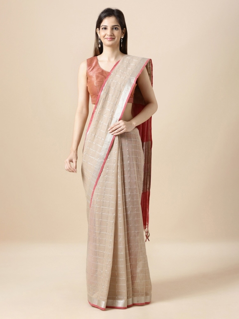 

Taneira Beige & Pink Pure Cotton Checked Mangalagiri Handloom Saree