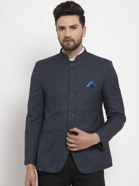 

NEUDIS Men Grey & Black Checked Single-Breasted Bandhgala Blazer