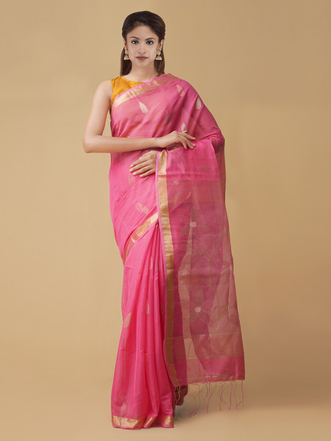 

Unnati Silks Pink & Gold-Coloured Silk Cotton Printed Maheshwari Handloom Saree