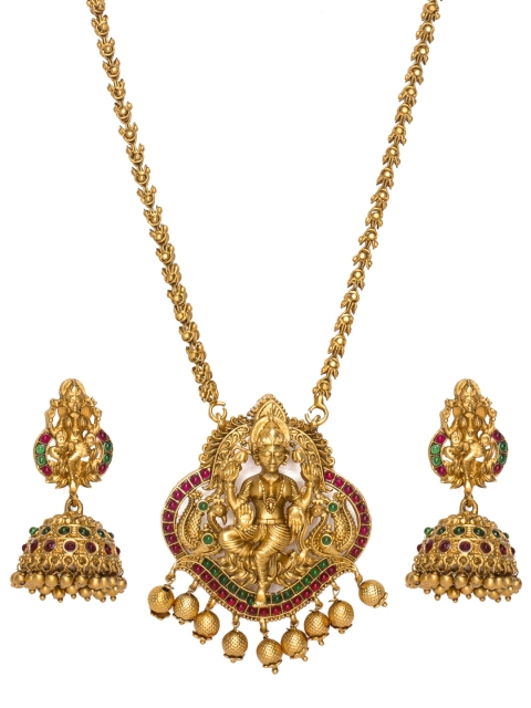 

Alankruthi Gold-Plated Red & Green Stone-Studded Temple Jewellery Set