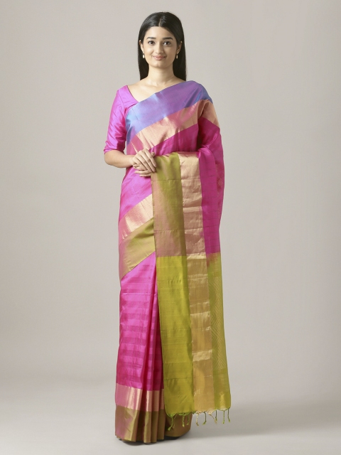 

Taneira Pink & Green Pure Silk Striped Handloom Saree