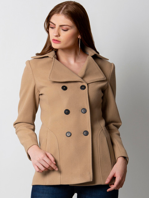 

FabAlley Women Beige Solid Double Breasted Coat