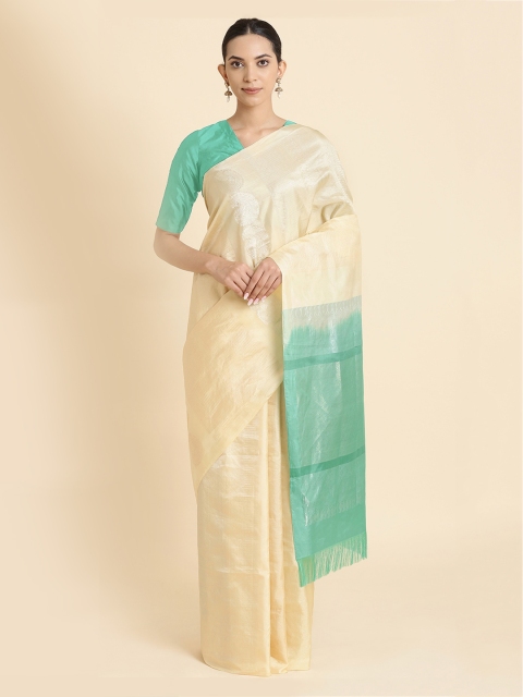 

Taneira Cream-Coloured & Sea Green Pure Silk Woven Design Saree