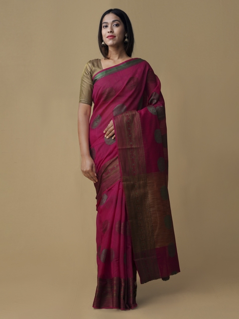 

Unnati Silks Pink & Gold-Coloured Silk Cotton Woven Design Uppada Saree