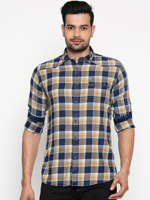 

Lawman pg3 Men Navy Blue & Yellow Slim Fit Checked Cotton Casual Shirt