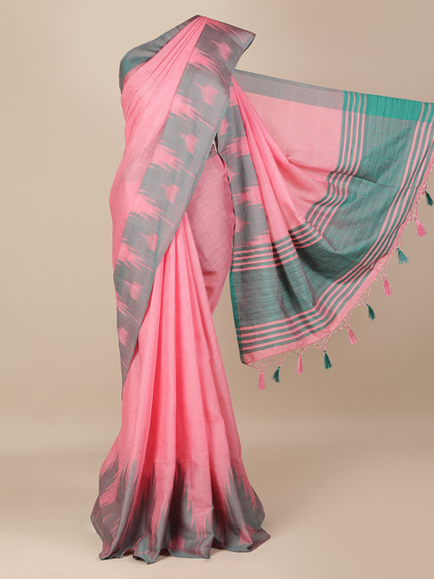 

Pothys Pink & Grey Linen Blend Solid Saree