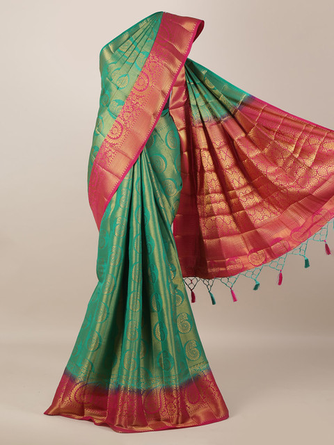 

Pothys Sea Green & Red Jute Silk Printed Saree
