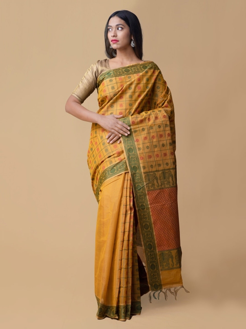 

Unnati Silks Yellow & Green Pure Cotton Woven Design Handloom Mysore Silk Saree