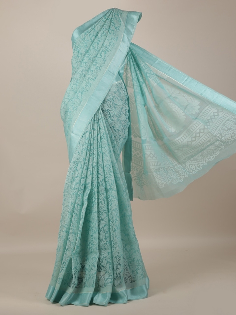 

Pothys Turquoise Blue Printed Jute Silk Saree