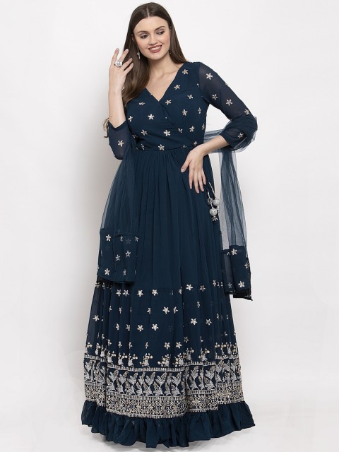

KHALOM Women Teal Blue Embellished Maxi Dress With Dupatta