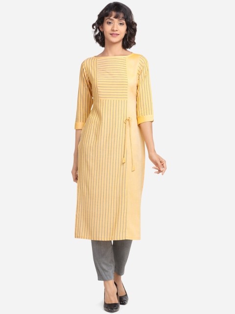 

Yuvraah Women Yellow & Grey Striped Straight Kurta