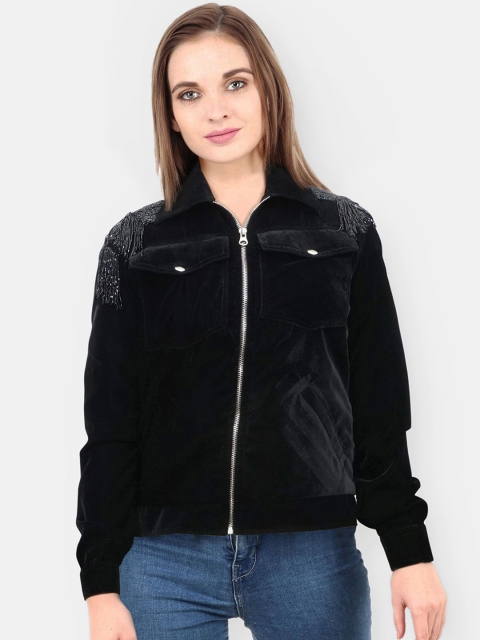

Diwaah Women Black Embellished Velvet Bomber