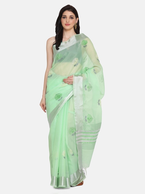 

BOMBAY SELECTIONS Green Silk Blend Woven Design Chanderi Saree